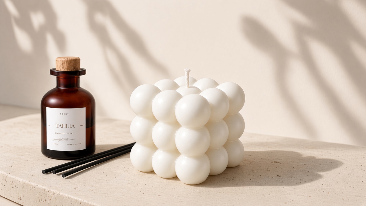 Tahlia diffuser and white bubble candle styled together